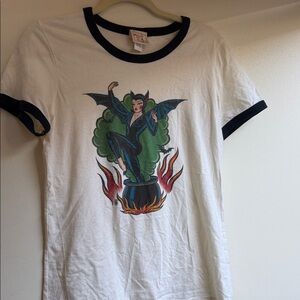 Vintage-Inspired White Ringer Tee with Green Bat Woman Graphic